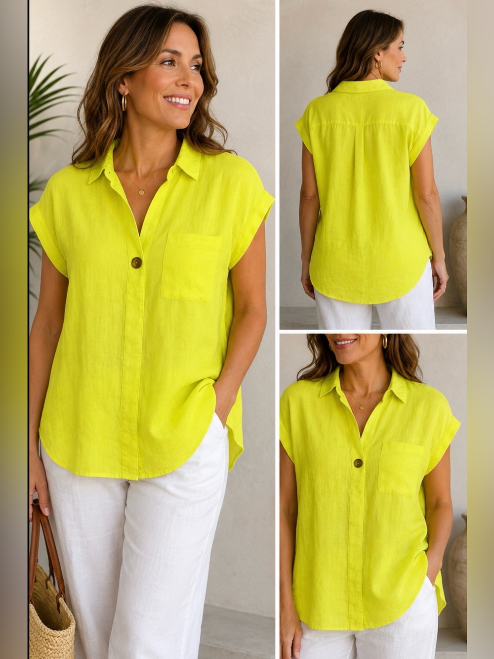 Ellen Tracy 100% Linen Neon Yellow Button Front Tunic Blouse Size S